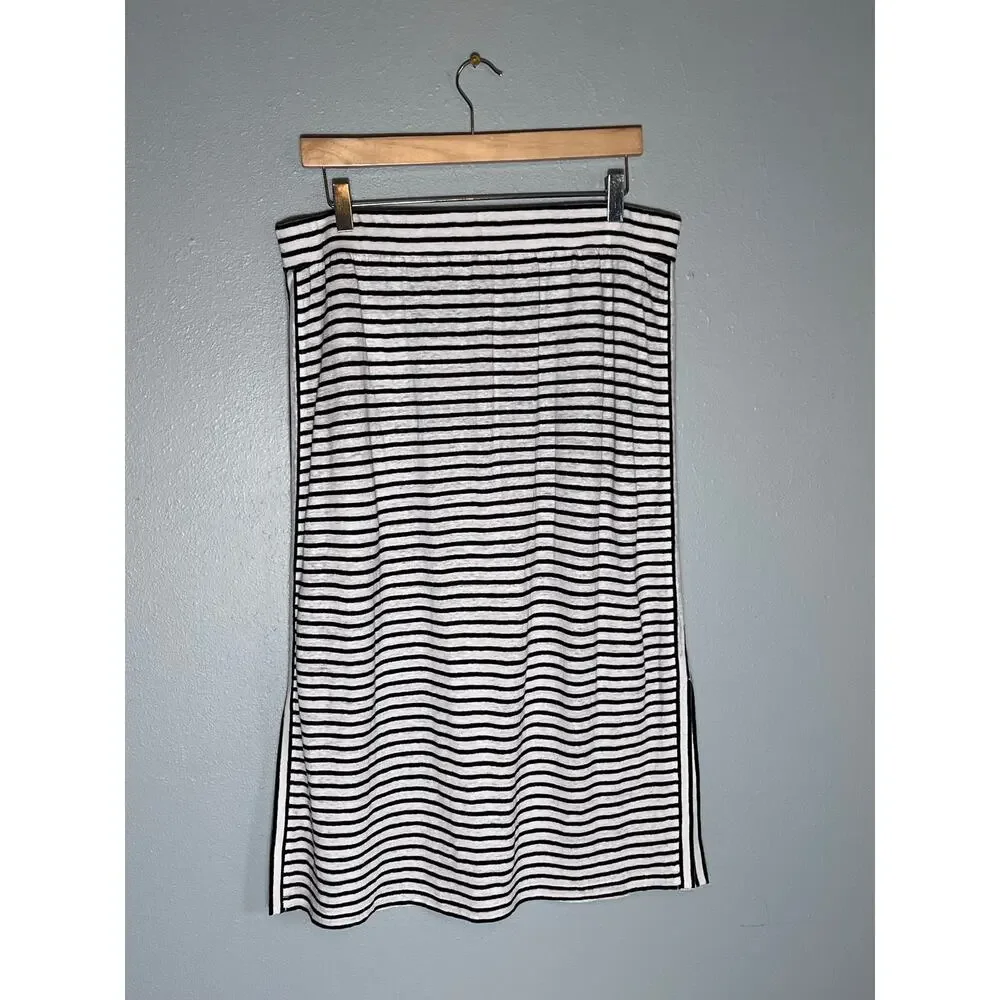 Eileen Fisher Sz M Organic Linen Stripe Long Skirt Midi Maxi Black White Pull On